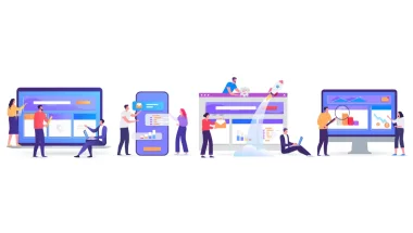 Kuvitettu kuva ihmisistä tekemässä sivustouudistuksen eri osa-alueita.