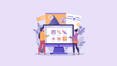 Kuvitettu kuva ihmisistä suorittamassa markkinoinnin automaation 5 kohdan listaa. CanvaAI