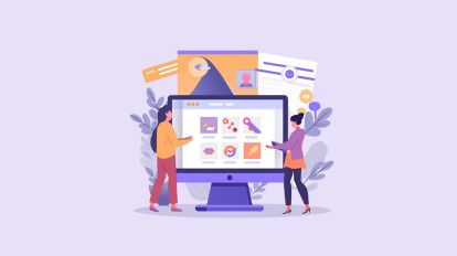 Kuvitettu kuva ihmisistä suorittamassa markkinoinnin automaation 5 kohdan listaa. CanvaAI