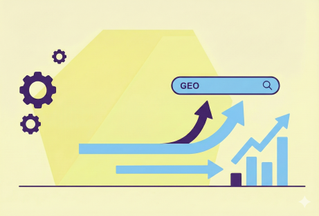 Kuvituskuva hakukoneen hakukentästä sekä ylöspäin suuntaavia nuolia kuvaamassa tekoälyliikenteen määrän kasvua