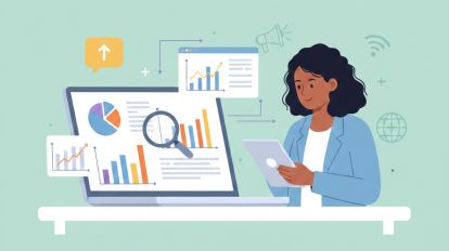 Viestinnän mittarit ja nainen tutkimassa niitä