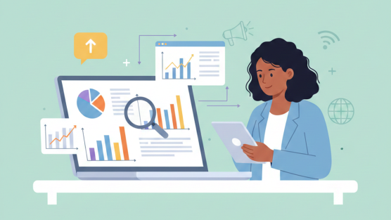 Viestinnän mittarit ja nainen tutkimassa niitä