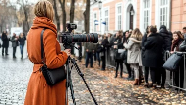 Animoitu kuva mikrofoneista ja lehdistötilaisuudesta, jossa hoidetaan suhteita mediaan.