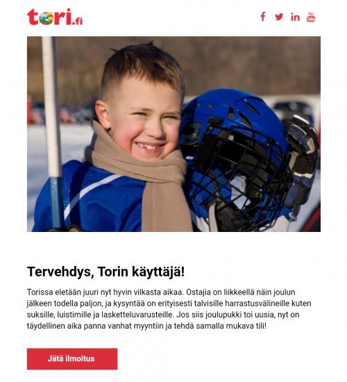 Välipäivät ovat oivallista aikaa lisämyynnille ja ristiinmyynnille. Tori.fi:n uutiskirje kannustaa laittamaan joululahjojen myötä ylimääräisiksi jääneet tavarat kiertoon. Samantyyppinen uutiskirje toimii vuodesta toiseen.