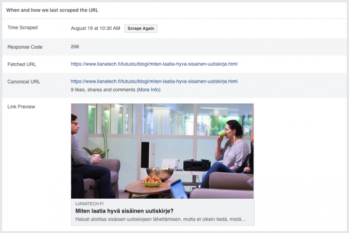 Facebook-julkaisun esikatselu Facebook Sharing Debugger -työkalulla.