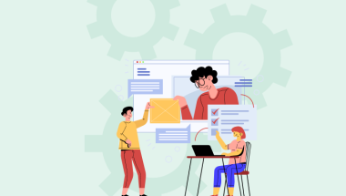 Kuvitettu kuva ihmisistä automatisoimassa markkinoinnin perusviestejä markkinoinnin automaatio-ohjelmistolla. 