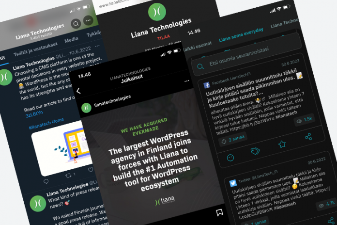 Sosiaalisen median postauksia ja osumia mediaseurantapalvelu LianaMonitorin mobiilisovelluksessa