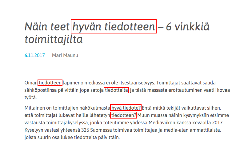 Esimerkki vierasbloggauksesta, jossa avainsanat 