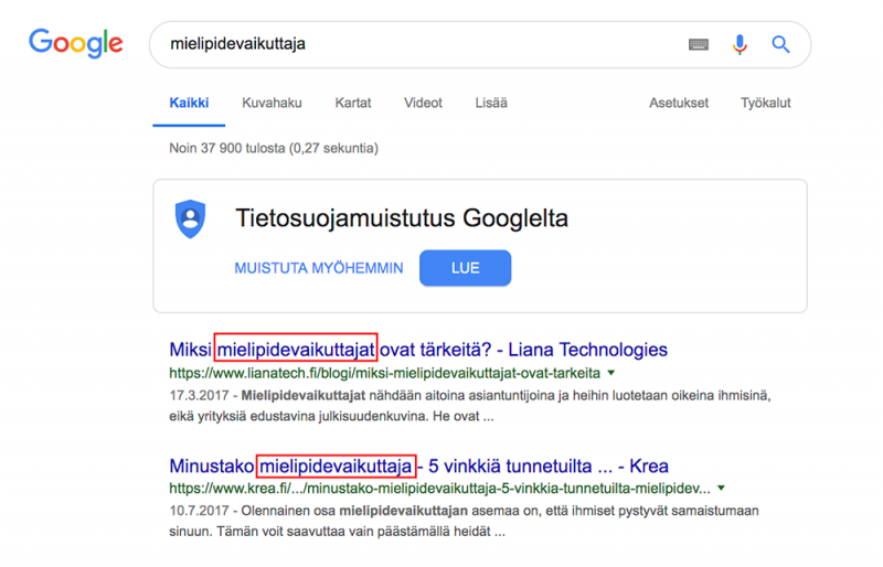 Esimerkkikuvassa hakusana 