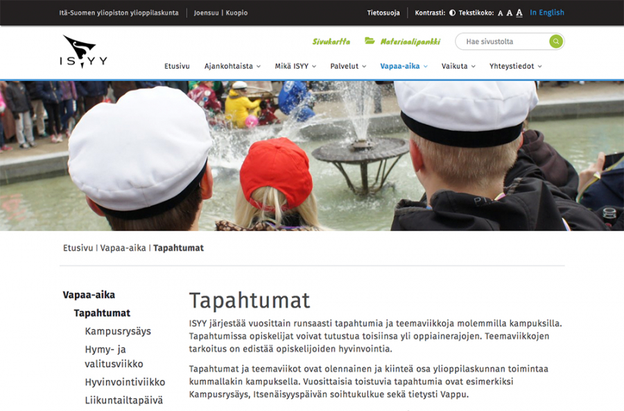 Verkkosivujen saavutettavuus on huomioitu ISYYn:n sivuilla monin eri tavoin. Sivujen värikontrastia ja tekstin kokoa on helppo muuttaa muun muassa sivujen yläreunassa olevan päävalikon kautta.