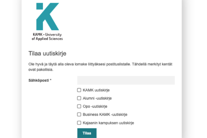 Esimerkki sähköpostimarkkinoinnin työkalu LianaMailerin uutiskirjeen tilaussivusta koulutusalalle