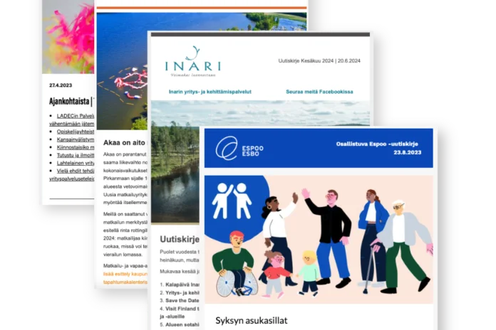 Esimerkkejä sähköpostimarkkinointityökalu LianaMailerilla toteutetuista järjestöjen ja julkisen sektorin uutiskirjeistä