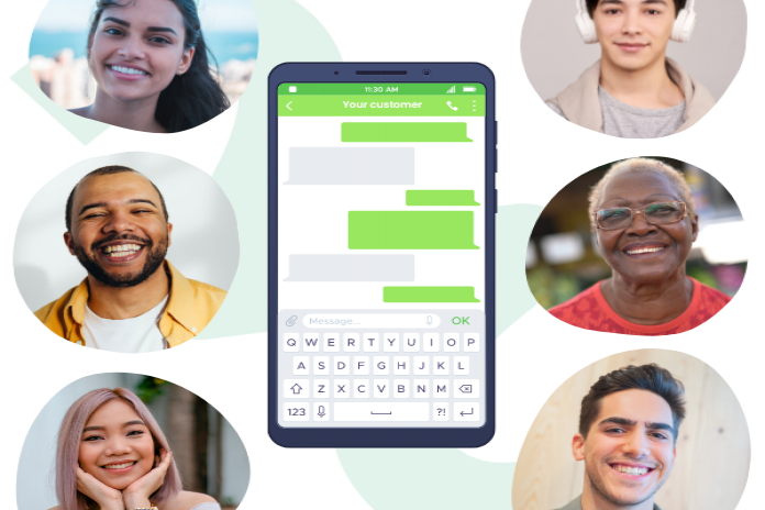 Kuvia hymyilevistä ihmisistä älypuhelimen ympärillä