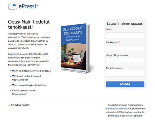ePressin tiedottamista käsittelevän oppaan landing-sivu on lyhyt ja ytimekäs